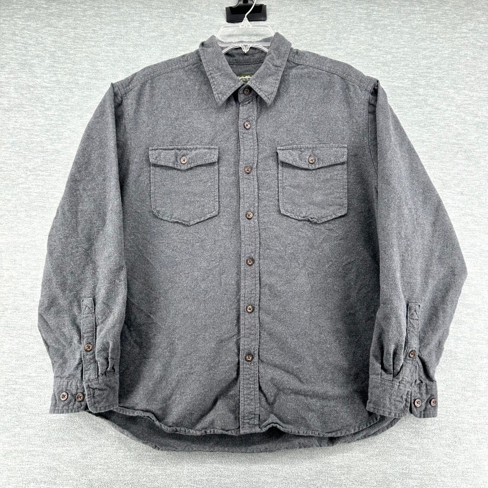 Eddie Bauer Button Up Men XL Gray Flannel Shirt Long Sleeve Solid Cotton Casual